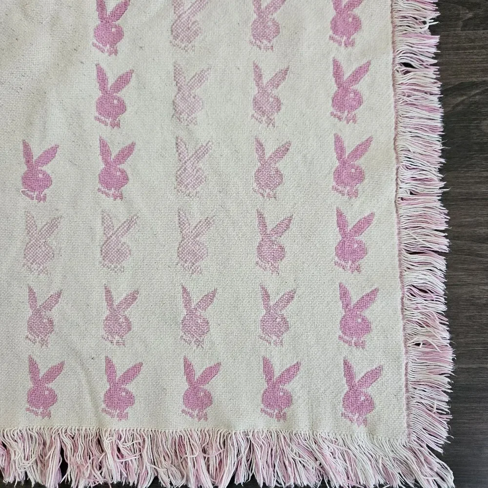 Vintage 2004 Playboy Bunny Reversible Throw Blanket Pink Cream Y2K Fringe